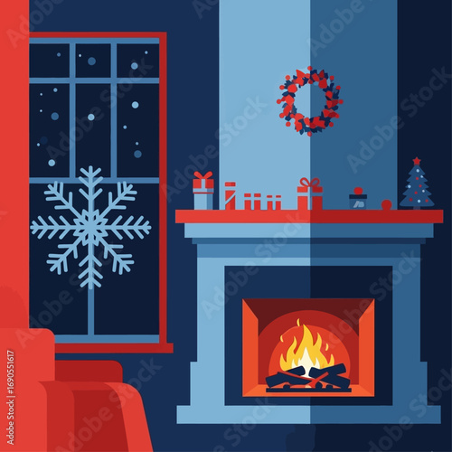 Cozy winter scene with a glowing fireplace, festive Christmas decorations, and a snowflake on a window.
