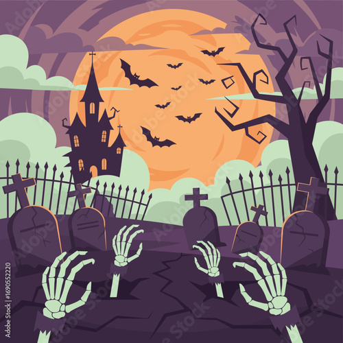 Halloween scene with a spooky castle, graveyard, bats flying in front of a full moon, and zombie hands reaching out of the ground.