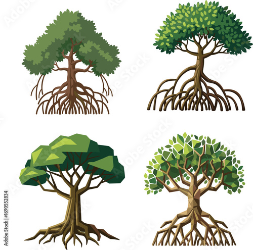 Mangrove tree vector collection, tropical roots illustration, coastal ecosystem plants, low poly and natural styles, editable forest nature elements.