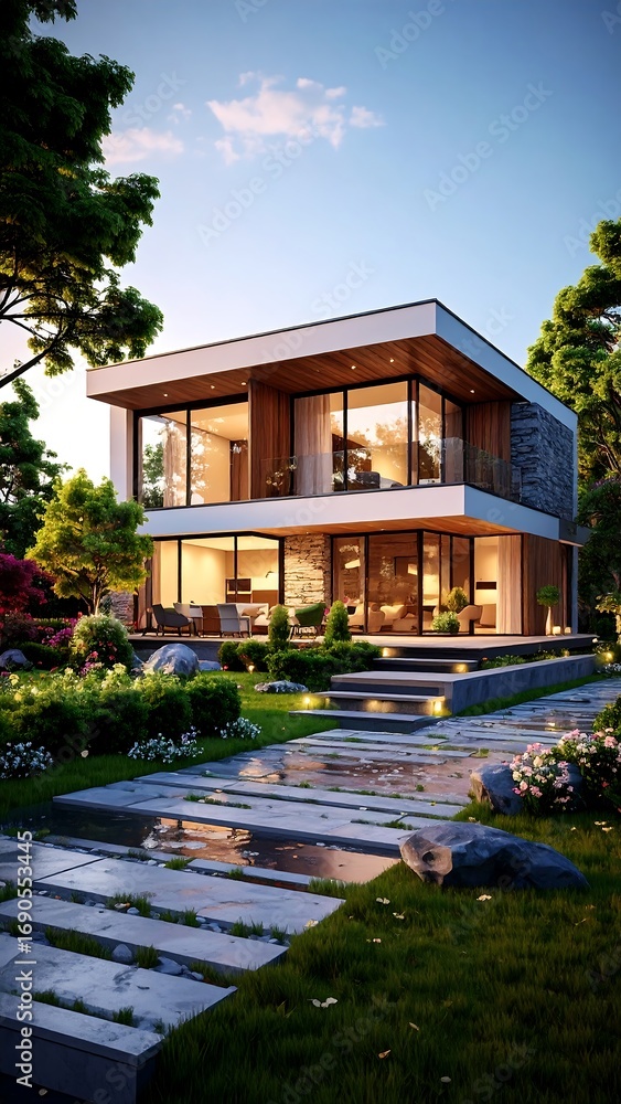 Fototapeta premium Modern home exterior, evening view