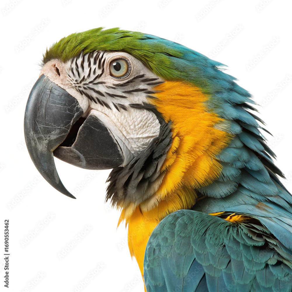Fototapeta premium Stunning blue and gold macaw parrot showcasing vibrant plumage and intelligent eye, perfect for nature projects 