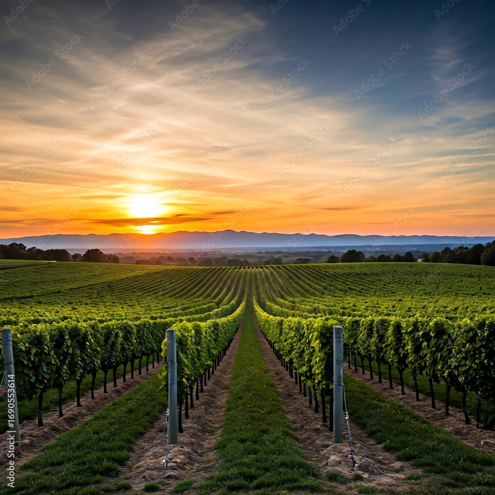 Fototapeta premium Vineyard at Sunset Scenic Wine Country Landscape Golden Hour Beauty