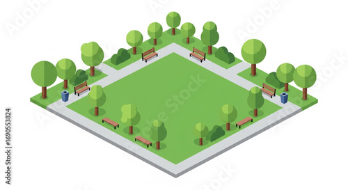 Isometric City Park with Trees and Benches