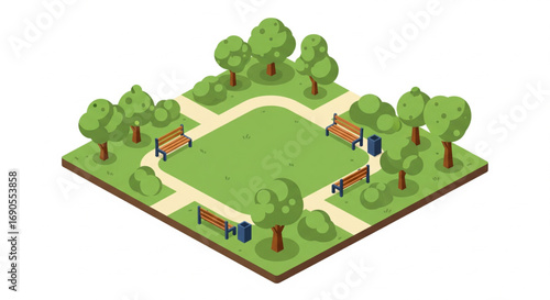 Isometric City Park with Trees and Benches