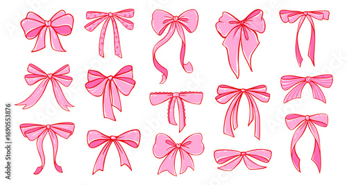 Coquette pink bow ribbon vector - cute vintage gift box with lace details. Romantic Y2K doodle