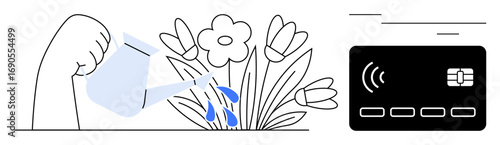 Hand pouring water on blooming flowers from a watering can, aligned with a contactless payment card. Ideal for growth, nurturing, finance, technology, sustainability, investment, eco-friendly action