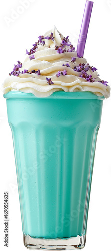 Turquoise milkshake whipped cream lavender purple straw glass cup