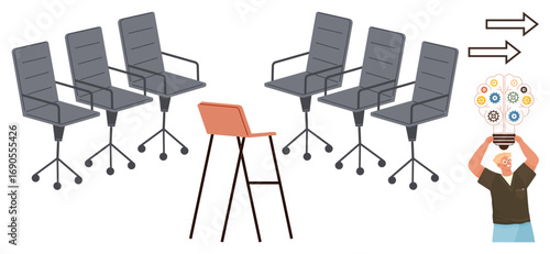 Rotating office chairs form a team setting with one unique chair symbolizing leadership individuality. A person with a glowing idea bulb signifies creativity. Ideal for leadership, team dynamics
