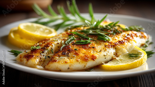Lemon tilapia fillet served with herbs on plate, concept of seafood and healthy meal
