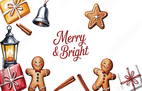 Charming holiday assortment featuring gingerbread men, festive gifts, a warm lantern, and spices arranged as a Christmas celebration frame