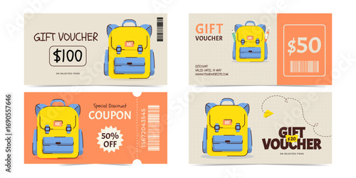 Modern gift vouchers set with school bag, backpack and more. Templates for promotions, discounts, rewards and marketing materials. Flat vector illustration
