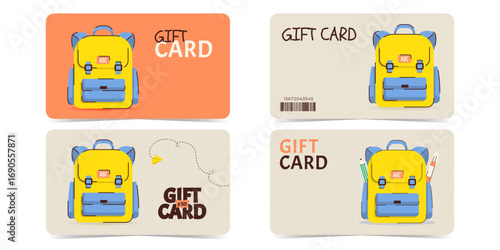 Modern gift cards set with school bag, backpack, paper planes and more. Templates for promotions, discounts, rewards and marketing materials. Flat vector illustration
