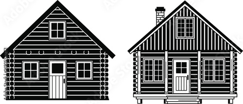 Rustic log cabin vector set with porch and chimney, black and white silhouette illustration for architecture, nature, and outdoor themes
