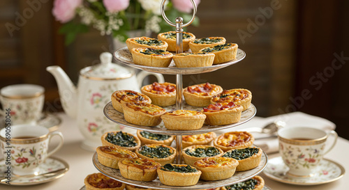 Three tiered stand with quiche and tea set on a table with floral decorations in the background