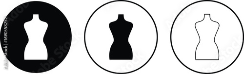 Black mannequin dress form icon set, tailoring dummy vector collection and fashion design tool group style, includes sewing torso, clothing display, garment stand