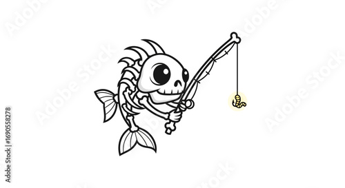 Whimsical Skeleton Fish Angler with Glowing Worm Bait on Fishing Rod