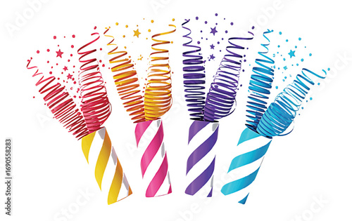 Colorful collection of party poppers erupting with festive streamers and confetti to celebrate a milestone event or special occasion