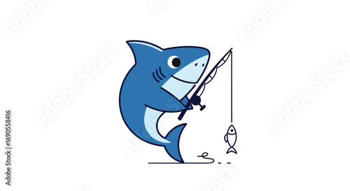Whimsical Blue Shark Character Fishing with a Smaller Fish as Bait Humorous Vector Illustration
