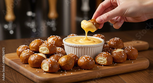 A hand dipping a pretzel bite into a bowl of cheese sauce surrounded by pretzel bites on wood board