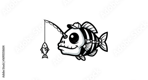 Skeletal Fish with Fishing Rod Whimsical Black and White Cartoon Illustration