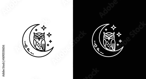 Charming owl perched elegantly on crescent moon with stars, modern magical logo