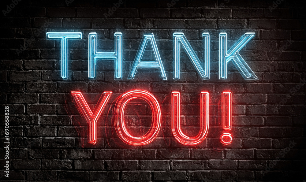 Obraz premium Vibrant Blue and Red Neon Thank You Sign Glowing Against a Dark Brick Wall.