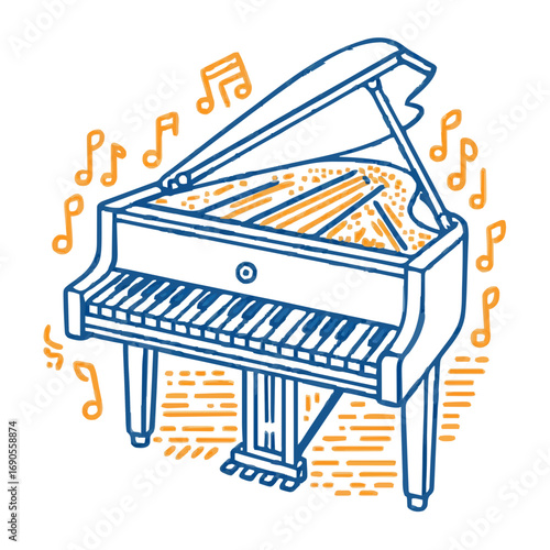 Piano icon illustration in blue and orange, music motif -