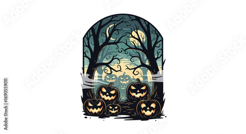 Eerie Halloween Archway Framing Glowing Jacko Lanterns in a Moonlit Forest