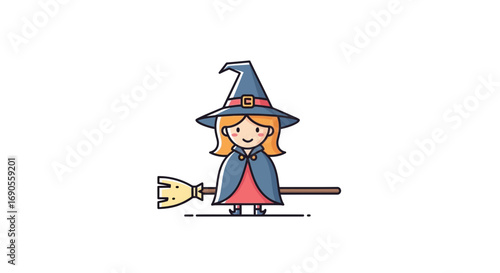 Cute Cartoon Witch with a Broom Flat Design Style