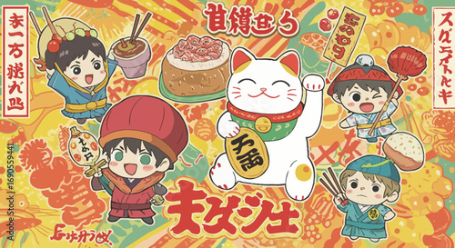 Chibi characters and japanese food illustration evokes a festive atmosphere and charm