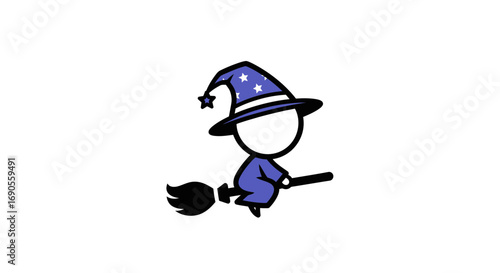Charming Minimalist Cartoon Wizard Flying Broomstick Icon with Star Adorned Blue Hat