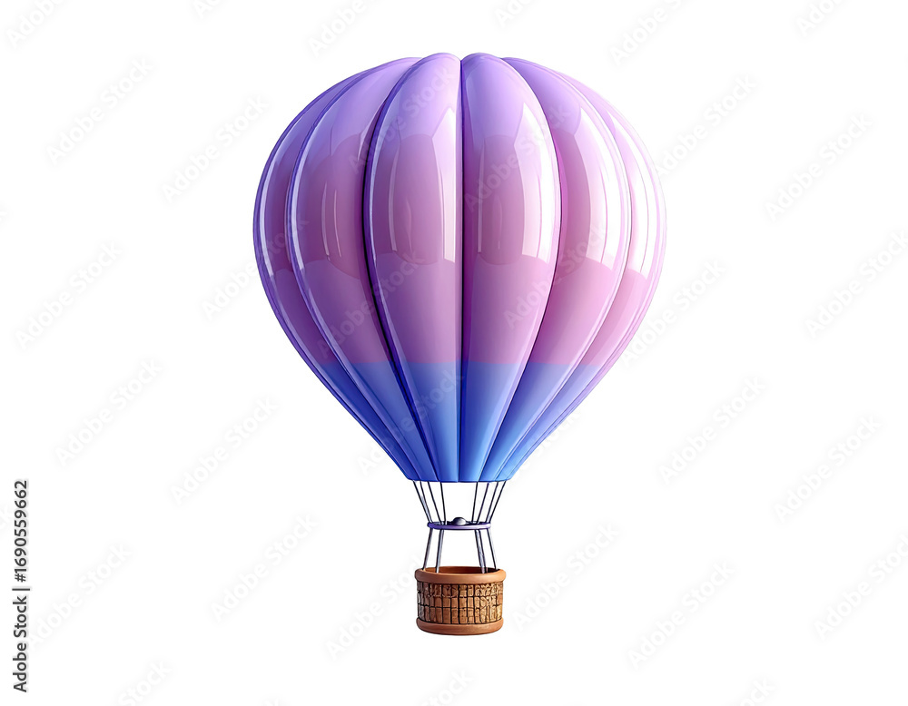 Naklejka premium A vibrant hot air balloon, shaded in a gradient of light purple and blue, with a wicker basket, floats against a black background