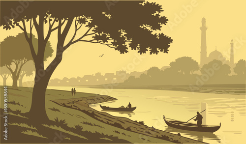 A serene view of the Darya-e-Ravi (River Ravi) near Lahore during early morning sunrise, with golden sunlight reflecting off the calm water. On one side, small wooden fishing boats are tied along the 