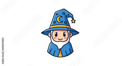 Charming Cartoon Wizard with Blue Starry Hat Crescent Moon and White Beard Isolated Vector