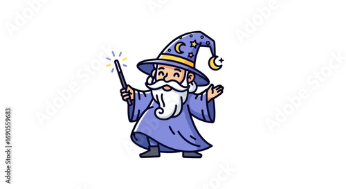 Charming Cartoon Wizard with a Starry Hat and Glowing Wand Casting a Spell