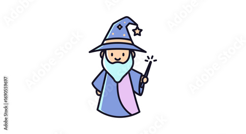 Charming Cartoon Wizard Blue Robe Starry Hat Magic Wand Illustration