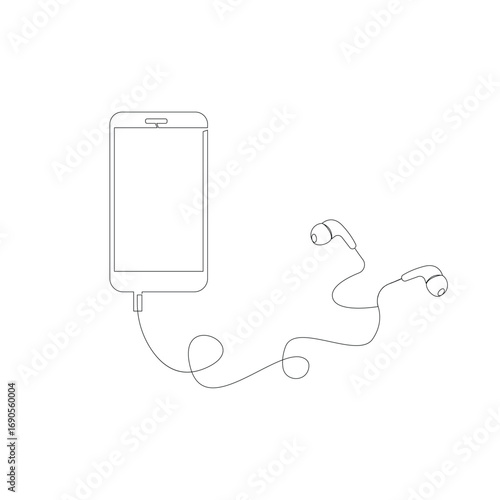 Smartphone with earphones line art illustration Vector illutration isolated on white background