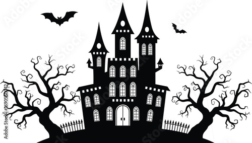 Spooky haunted castle silhouette with bats, leafless trees, and gothic fence — Halloween vector illustration for eerie, dark seasonal designs