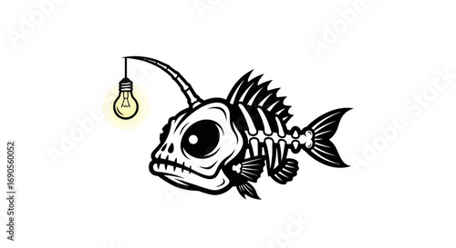 Anglerfish Skeleton with Lightbulb Creative Black and White Illustration