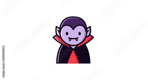 Adorable Kawaii Vampire Icon with Fangs and RedLined Black Cape on White