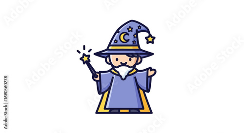 Adorable Cartoon Wizard with Star Wand and Moon Hat Casting Magic