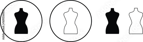 Black mannequin dress form icon set, tailoring dummy vector collection and fashion design tool group style, includes sewing torso, clothing display, garment stand