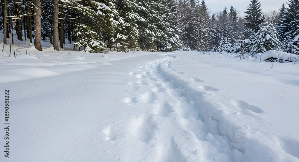 Obraz premium Serene winter wonderland scene featuring snow-covered trees and footprints on snowy ground