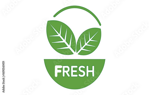 Fresh natural product label with green leaves in a circular design for healthy and organic food packaging. Eco-friendly and vegan concept