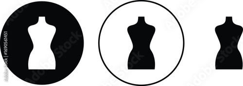 Black mannequin dress form icon set, tailoring dummy vector collection and fashion design tool group style, includes sewing torso, clothing display, garment stand
