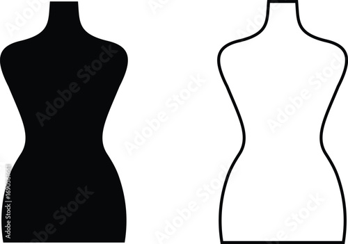 Black mannequin dress form icon set, tailoring dummy vector collection and fashion design tool group style, includes sewing torso, clothing display, garment stand