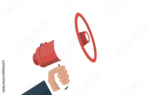 Businessman hand holding a red megaphone for making an important announcement, marketing, or public speaking. Flat vector illustration