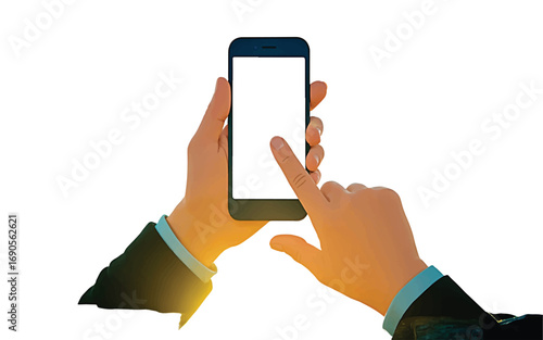 Close-up of a person's hands holding a modern smartphone with a blank screen and a finger touching it, isolated on white
