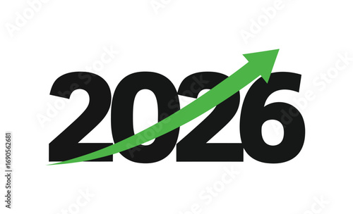 Vector art of the year 2026 depicted with a green upward trending arrow indicating growth, progress, and future success
