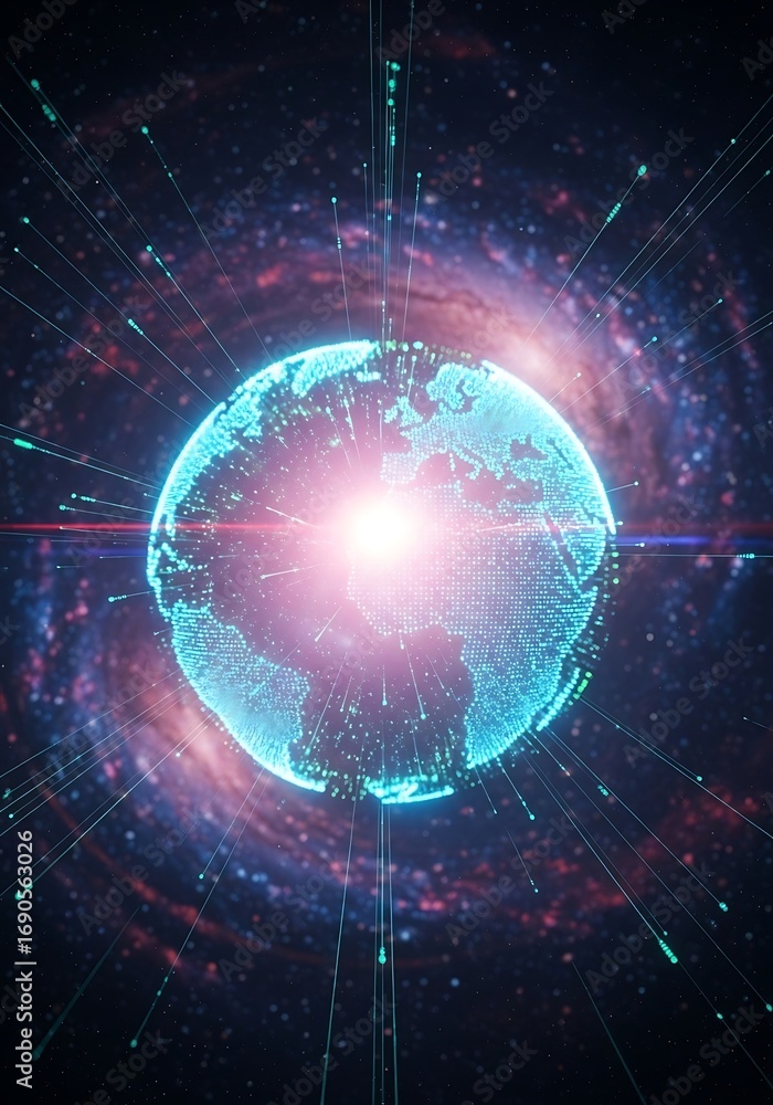 Obraz premium A digital representation of Earth, enveloped in a cosmic nebula of glowing lines and particles, radiates a futuristic and interconnected energy.